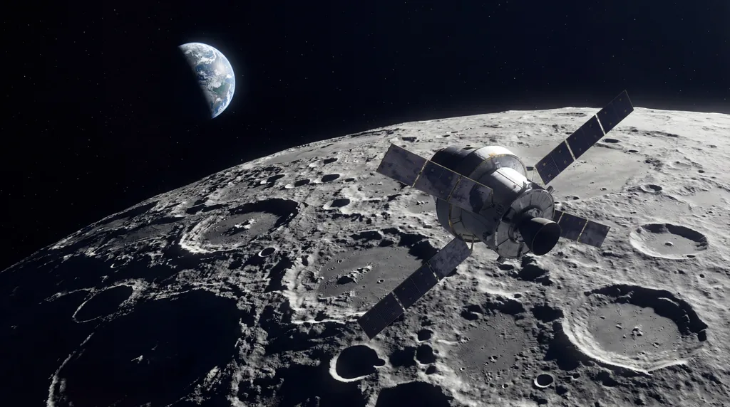 Orion spacecraft flying past the cratered Moon with a distant Earth visible in the black starry background.