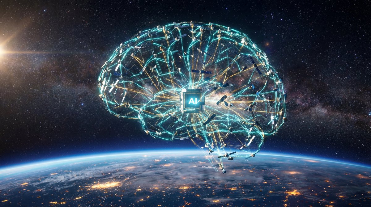 Futuristic satellite network orbiting Earth with glowing data connections against a starry deep space background.