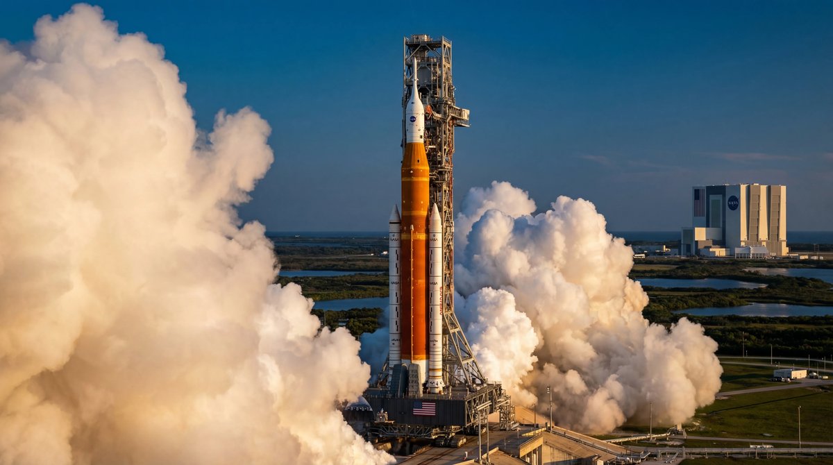 The massive orange SLS rocket on a launchpad venting white vapor clouds against a blue sky.