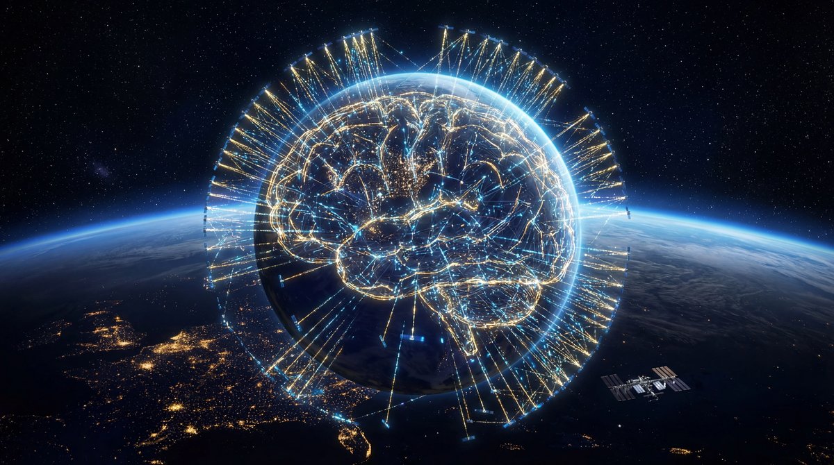 Glowing network of satellites forming a brain-like mesh around Earth against a starry background.