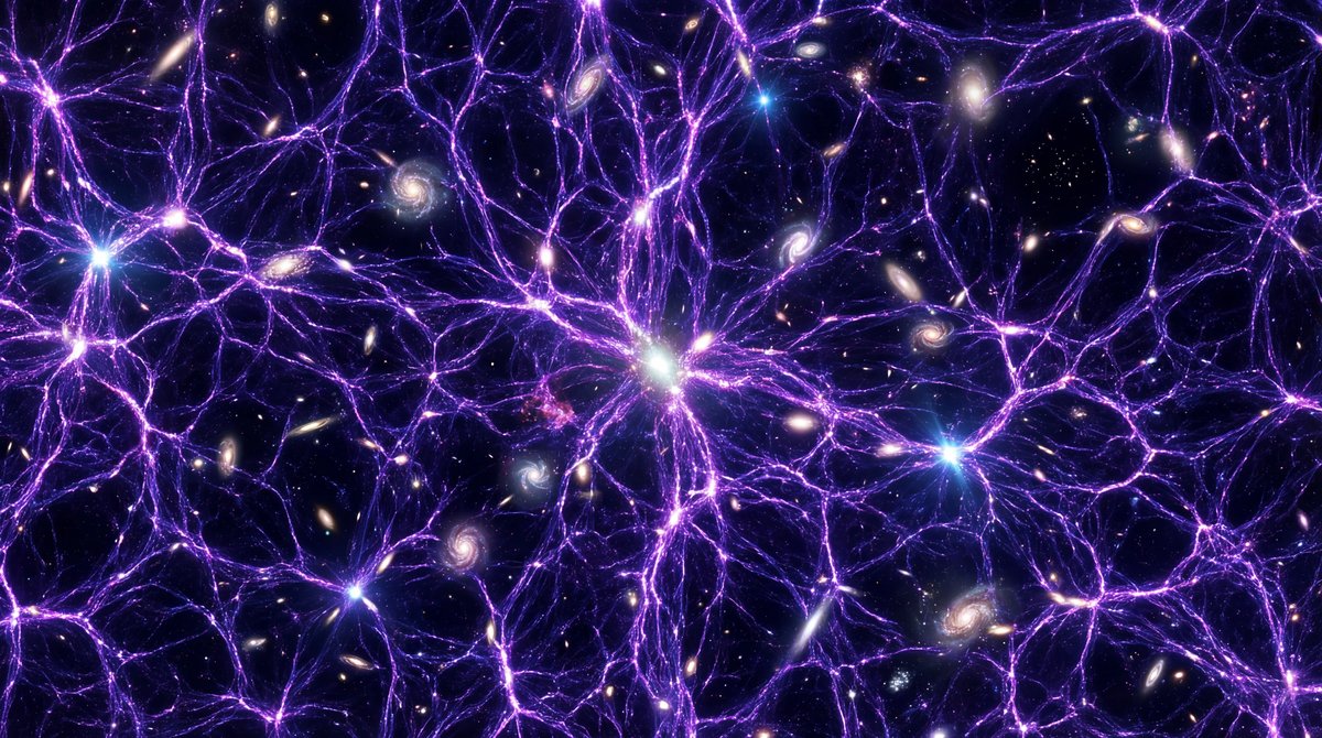 Glowing purple and blue web-like filaments connecting bright galaxy clusters against the pitch black background of deep space