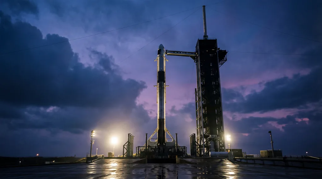 SpaceX Falcon 9 rocket illuminated on the launchpad at twilight against a dark blue sky