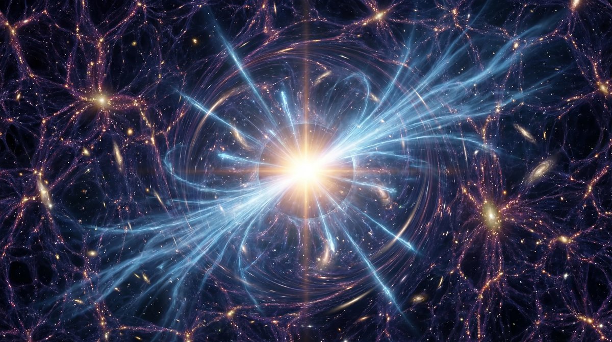 A bright, exploding black hole releasing blue beams of light and particles against a dark cosmic background.