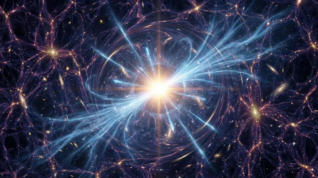 A bright, exploding black hole releasing blue beams of light and particles against a dark cosmic background.