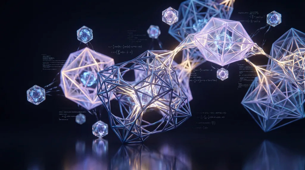 Glowing blue and violet intricate geometric structures floating in a dark void, representing AI mathematical processing.