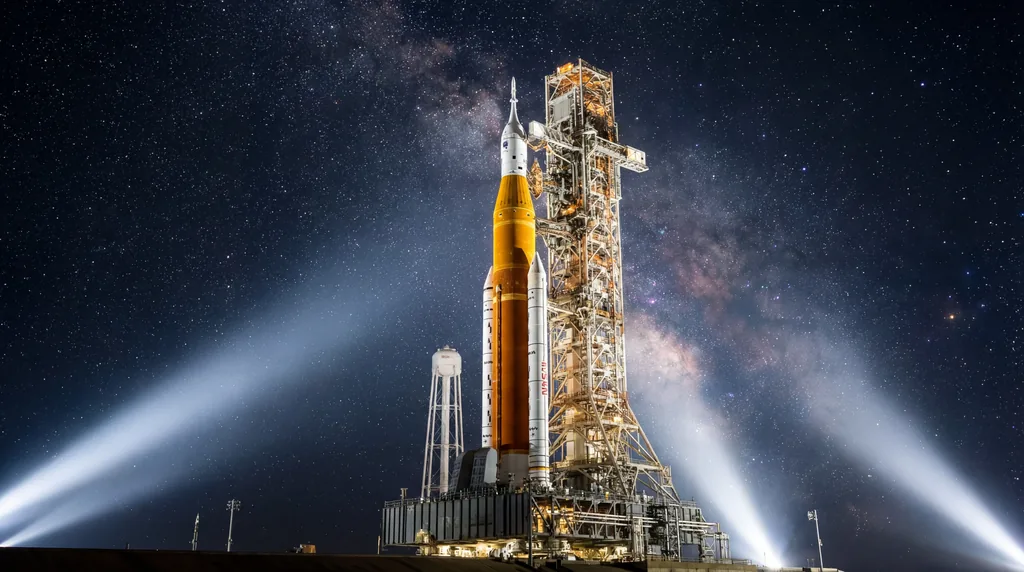 NASA SLS rocket standing tall on the launchpad at night, illuminated by spotlights against a dark starry sky.