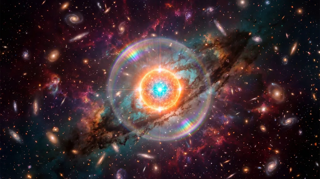A glowing neutron star in deep space surrounded by a colorful nebula and distant star field.