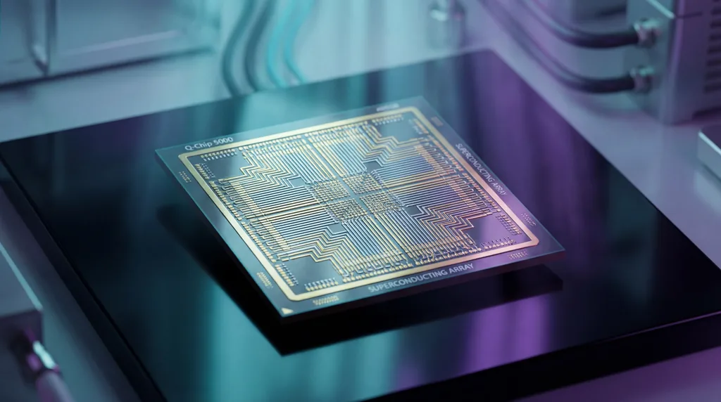 Close-up macro photo of a gold and blue quantum computer chip with complex circuitry on a dark background.