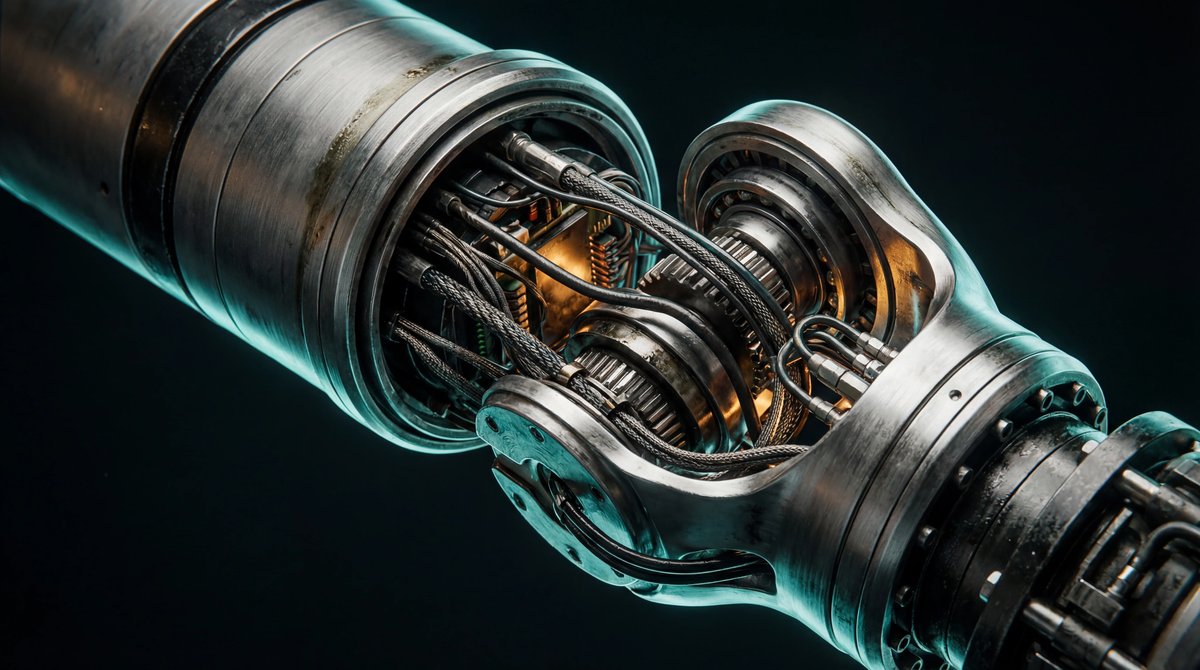 Macro photography of a metallic robot arm joint with exposed gears and wires, lit by dramatic blue and amber lights.