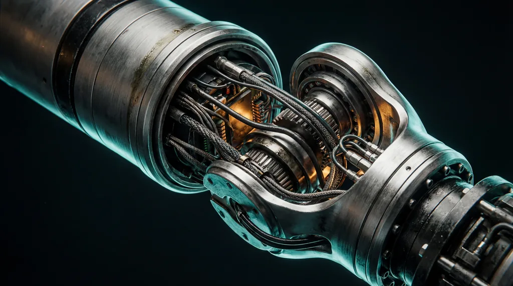 Macro photography of a metallic robot arm joint with exposed gears and wires, lit by dramatic blue and amber lights.