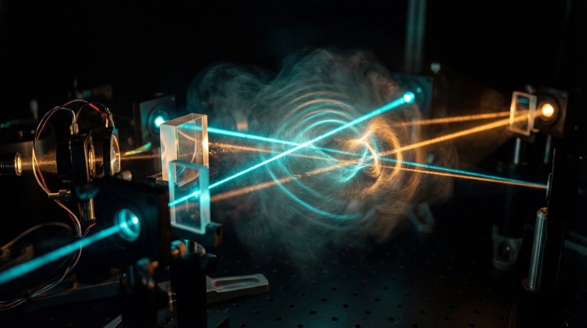 Sharp beams of teal and amber light curving and intersecting to form a glowing wave cloud against a black background.