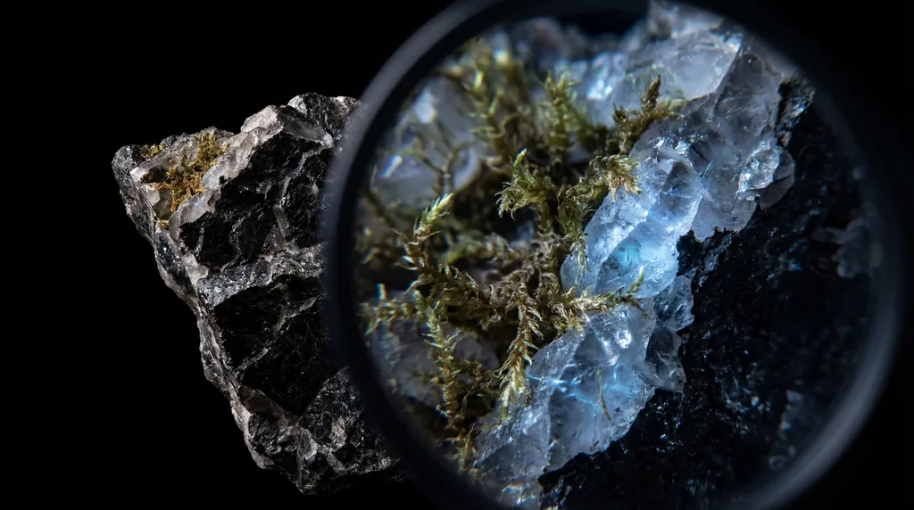 Close-up of dark cracked rock with glowing blue veins and microscopic life forms against a black background