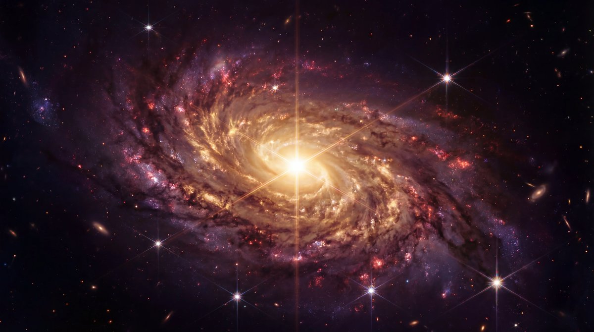 A swirling galaxy with glowing red and orange dust lanes and bright blue star clusters set against a deep black cosmos.