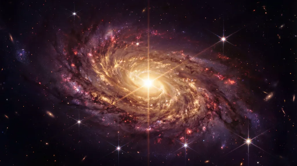 A swirling galaxy with glowing red and orange dust lanes and bright blue star clusters set against a deep black cosmos.