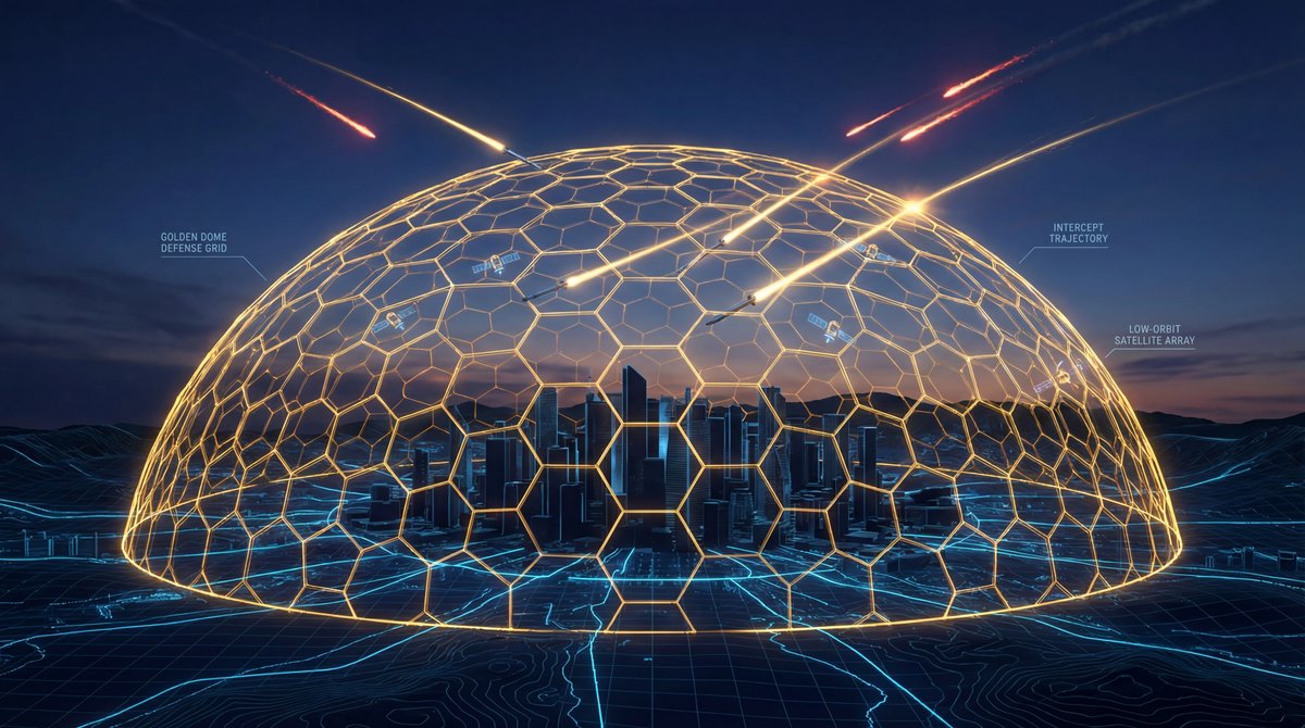 Glowing golden hexagonal defense shield over a dark landscape with satellite connections and interceptor trails