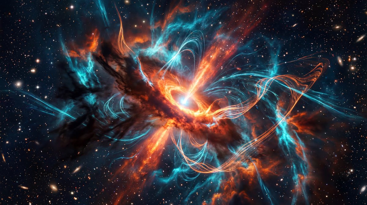 Glowing protostar inside the Orion Nebula with swirling orange dust filaments and flowing magnetic field textures.