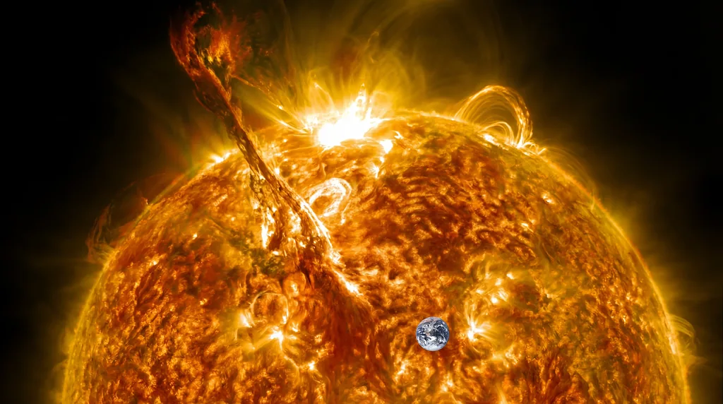 A massive bright solar flare erupts from the sun's surface in deep gold and orange tones, dwarfing a tiny Earth silhouette.
