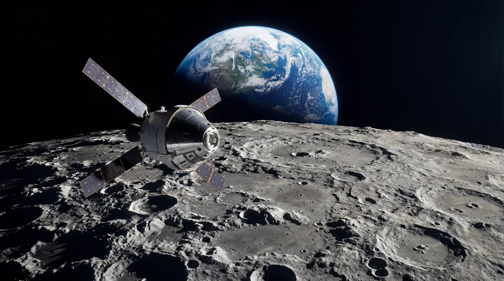 Artemis Orion spacecraft orbiting the Moon's cratered surface with Earth visible in the distance