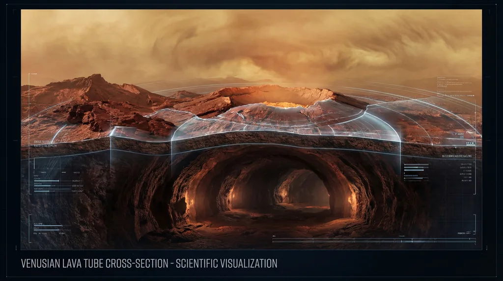 Cutaway view of Venus's surface revealing a hollow underground lava tube tunnel beneath yellow sulfurous clouds.