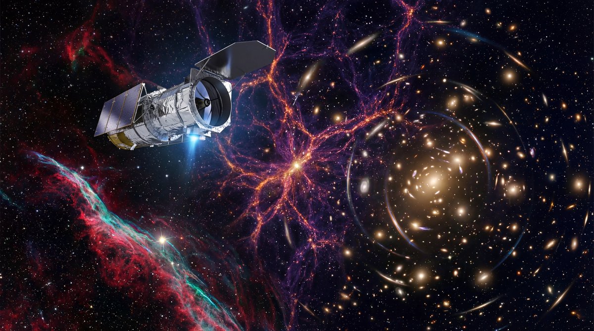 Silver space telescope floating against a deep black space background filled with millions of colorful galaxies and stars.