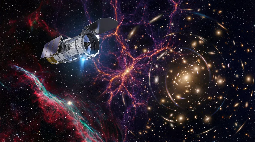 Silver space telescope floating against a deep black space background filled with millions of colorful galaxies and stars.