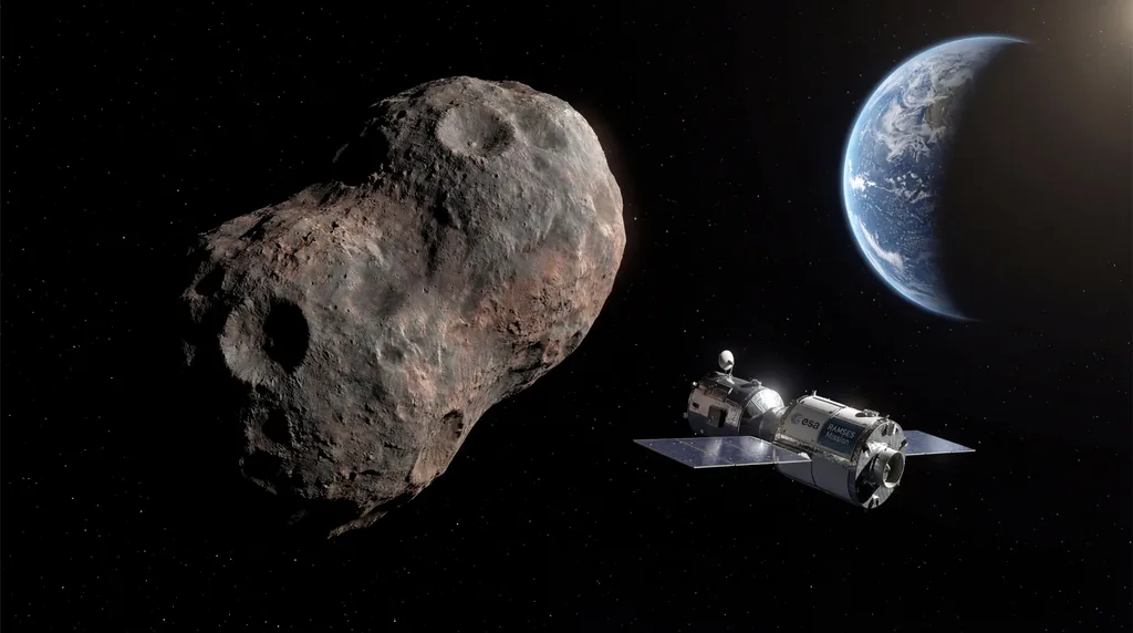 Silver spacecraft observing a large, craggy asteroid in space, with a crescent Earth visible in the dark background.