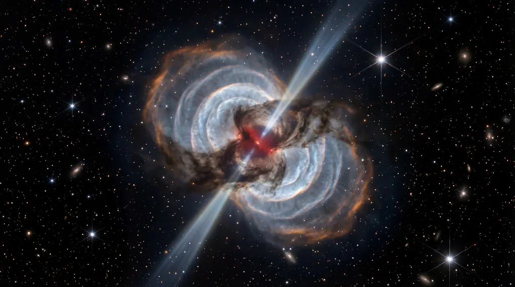 Concentric dust rings and twin beams of light radiating from a central point in a dark, starry deep space background.