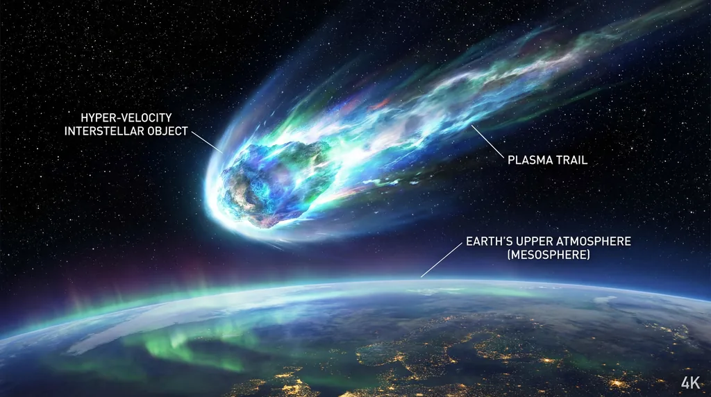 A blazing meteor fireball streaking across the night sky above the curvature of the Earth.