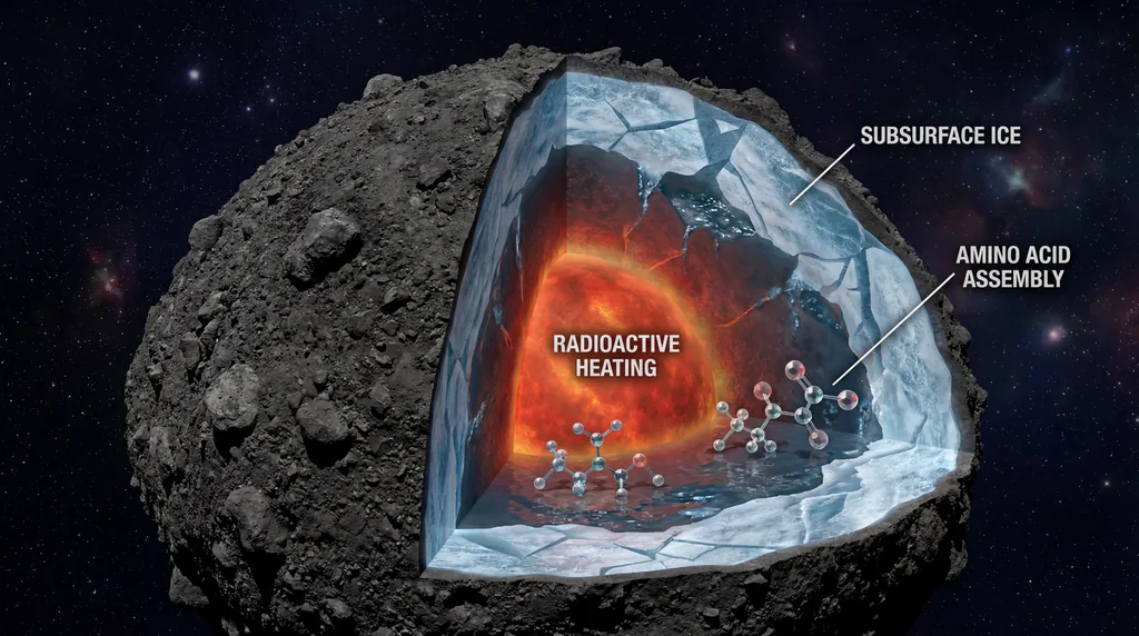 Asteroid Bennu surface cutaway showing ice melting into water where amino acid molecules are forming.
