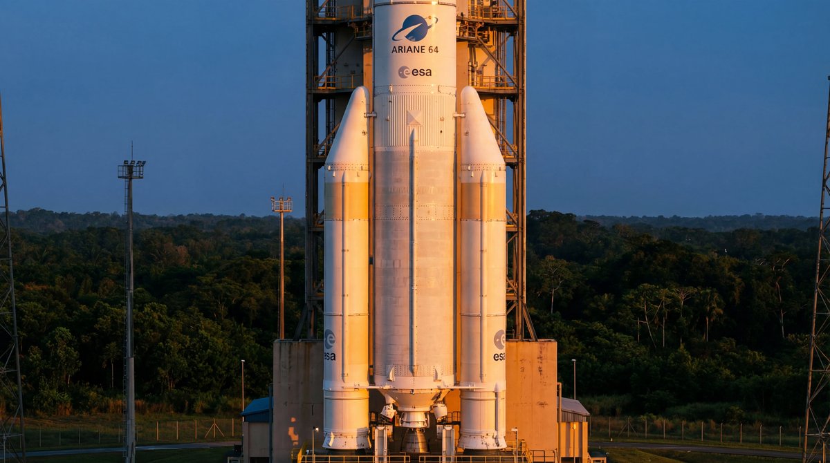 The Ariane 64 rocket standing tall on a launchpad with four boosters, illuminated by golden sunlight against a blue sky.