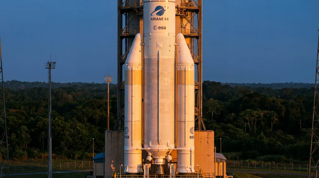 The Ariane 64 rocket standing tall on a launchpad with four boosters, illuminated by golden sunlight against a blue sky.
