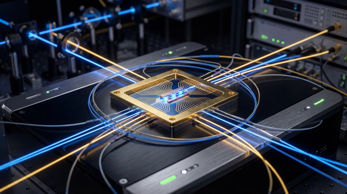 Close-up of a gold quantum chip on a dark surface, connected by glowing blue laser beams representing a data network.