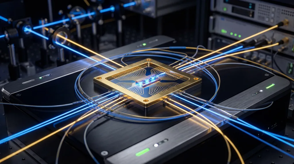 Close-up of a gold quantum chip on a dark surface, connected by glowing blue laser beams representing a data network.