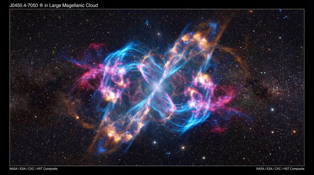 Glowing supernova remnant with symmetrical gas jets and turbulent debris clouds expanding against a starry background.