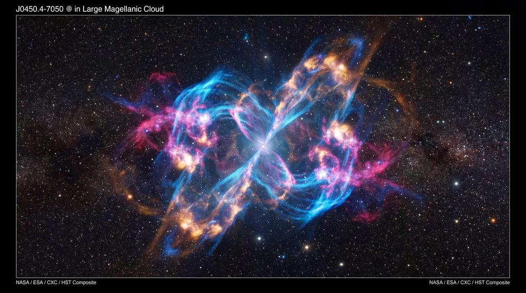 Glowing supernova remnant with symmetrical gas jets and turbulent debris clouds expanding against a starry background.