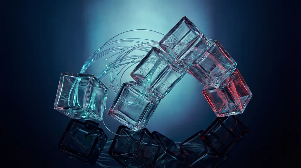 Glowing glass nodes shifting on a dark surface, lit by cool blue and warning red lights