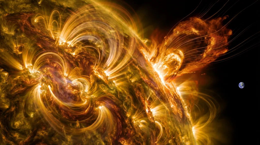 A dramatic close-up of the Sun's glowing corona and a massive solar flare, with a tiny Earth nearby for scale comparison.