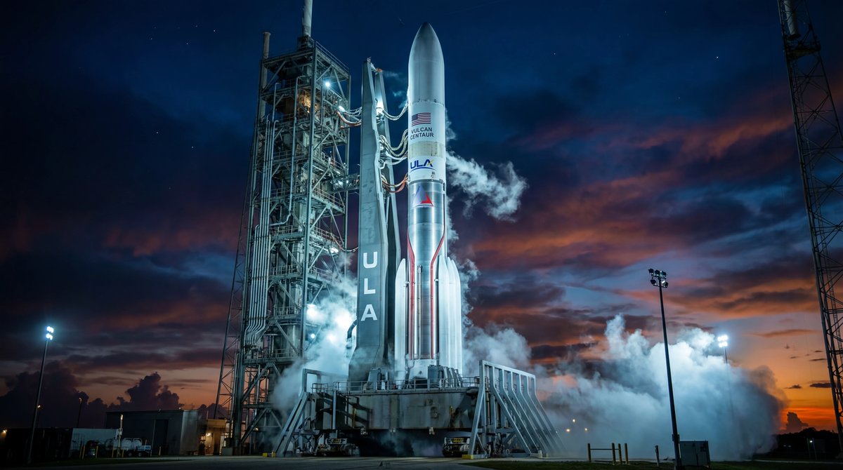 Towering white rocket on a launchpad at night illuminated by bright floodlights with vapor venting from the sides.