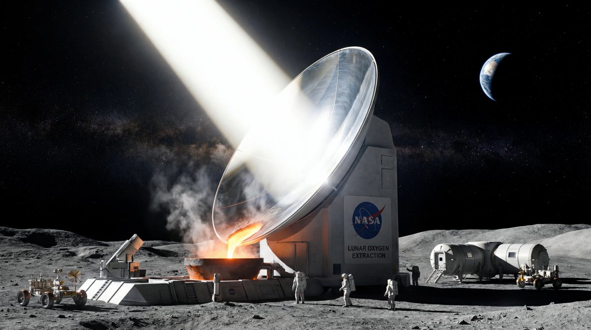 NASA device on the Moon focusing a bright beam of sunlight onto soil to melt it for oxygen.