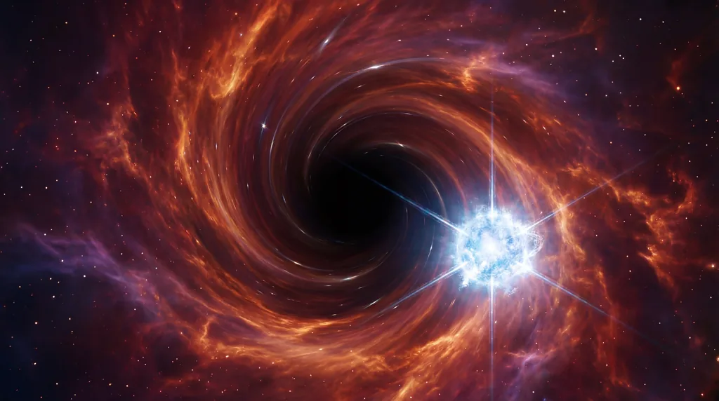 Glowing orange gas swirls into a dark black hole void amidst a glittering field of stars and cosmic dust.