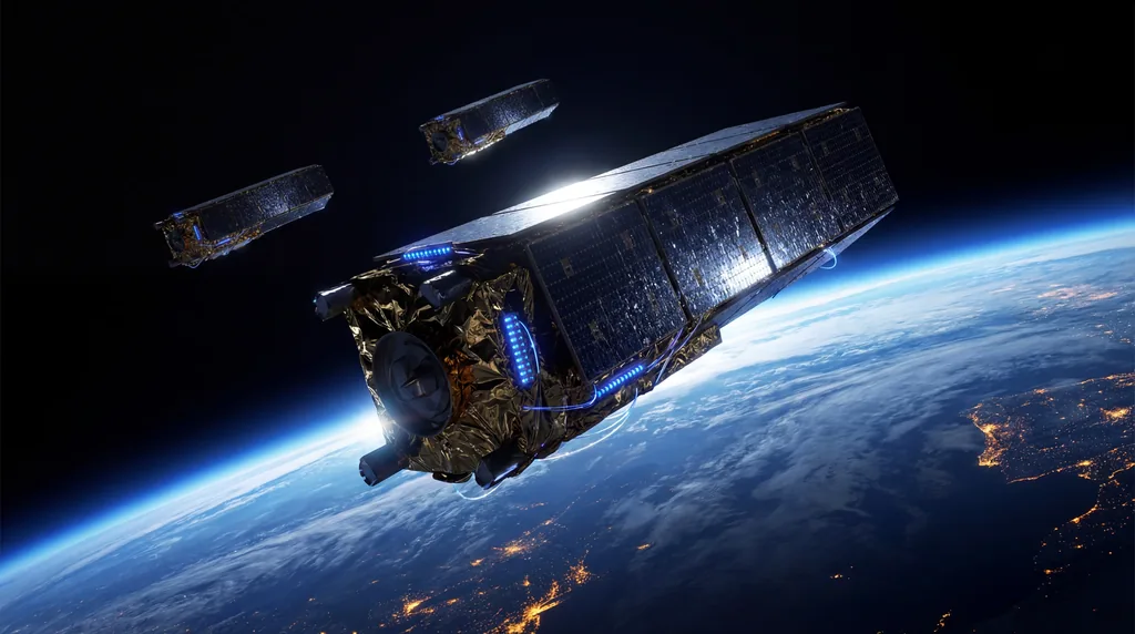 Three sleek AI satellites orbiting Earth with gold foil and solar panels, illuminated by sunlight against the planet's curve.