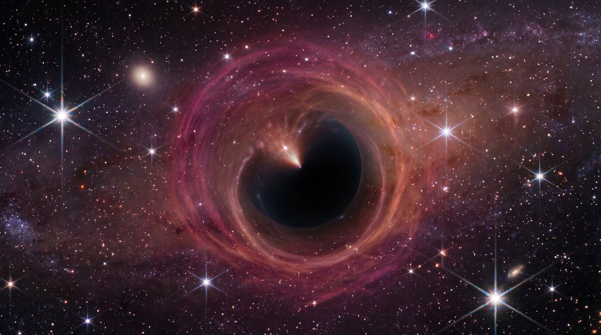 A massive red star fading into a dark void amidst swirling dust and glittering stars in deep space.