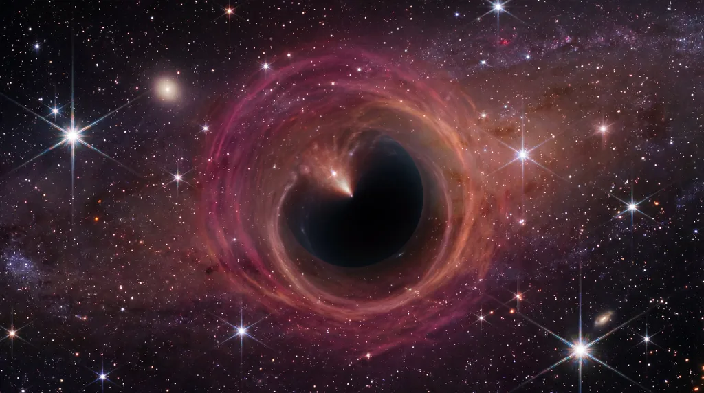 A massive red star fading into a dark void amidst swirling dust and glittering stars in deep space.