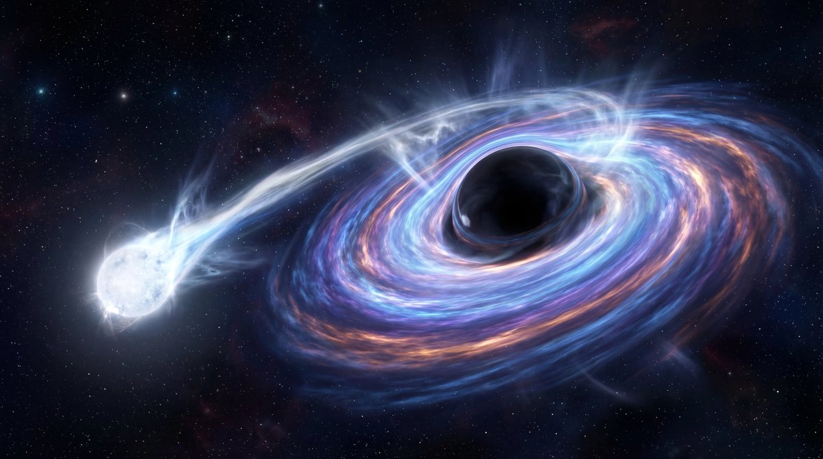 A black hole shredding a white dwarf star, creating a swirling disk of bright blue energy in deep space.