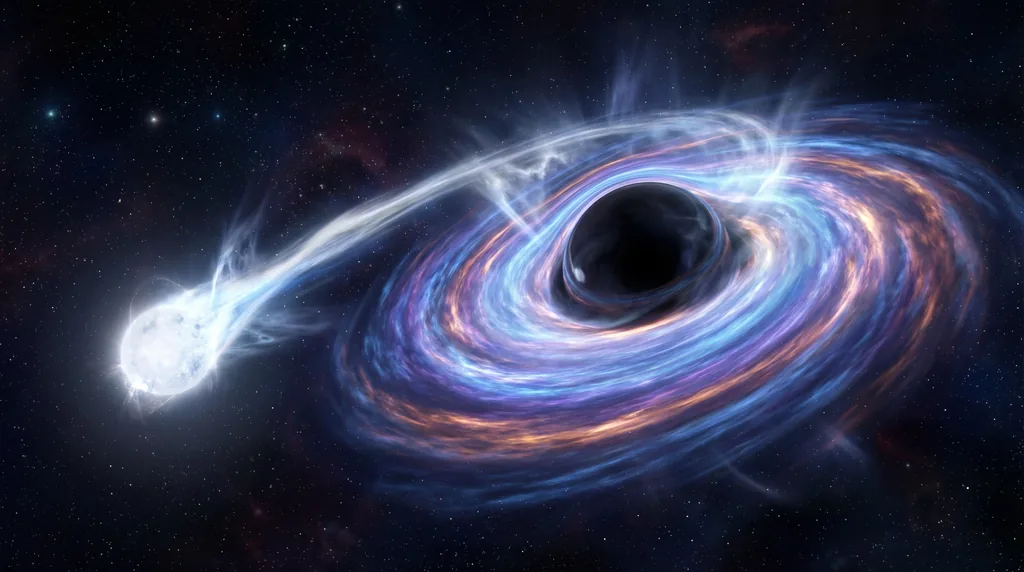 A black hole shredding a white dwarf star, creating a swirling disk of bright blue energy in deep space.