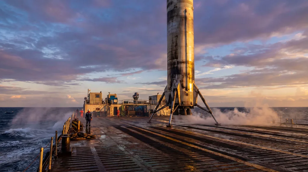 A large rocket booster standing upright on a recovery barge at sea during sunset, showing reentry scorch marks.