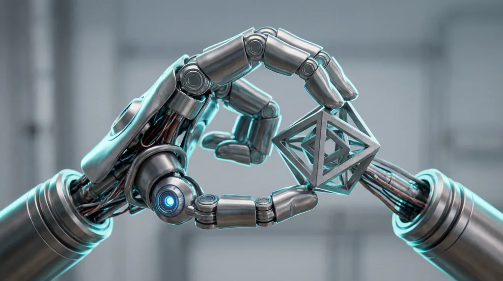 Close-up of a sleek robotic hand with intricate sensors reaching toward a metallic object in a dramatic high-tech setting.