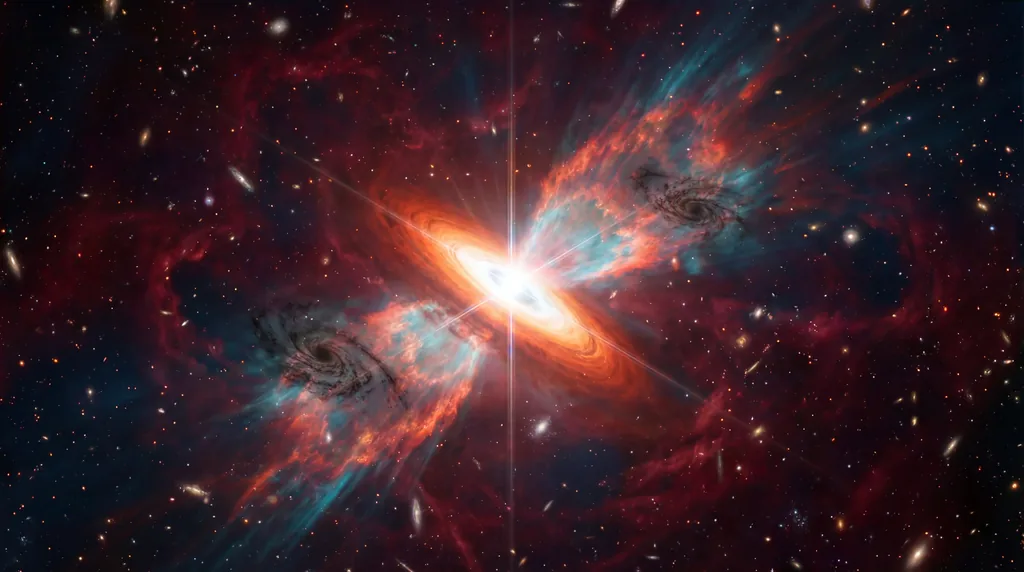 Brilliant quasar blasting winds at nearby galaxies, stripping away gas against a deep space field of stars.