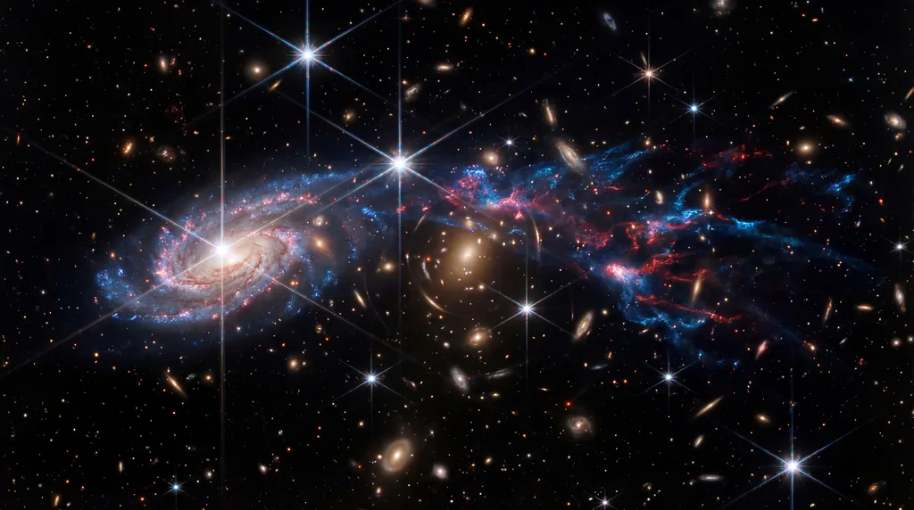 A spiral galaxy with long, glowing blue trails resembling jellyfish tentacles moving through a starry deep space background.