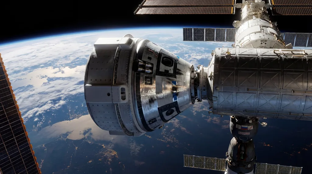 Boeing Starliner spacecraft docked to the ISS with Earth's blue curve and black space in the background.